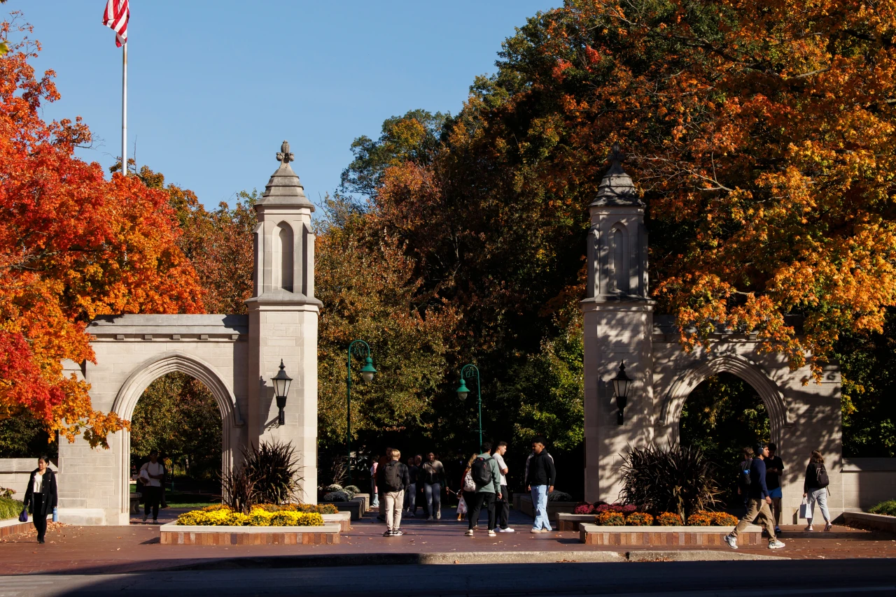 View of IU Bloomington's limestone Sample Gates